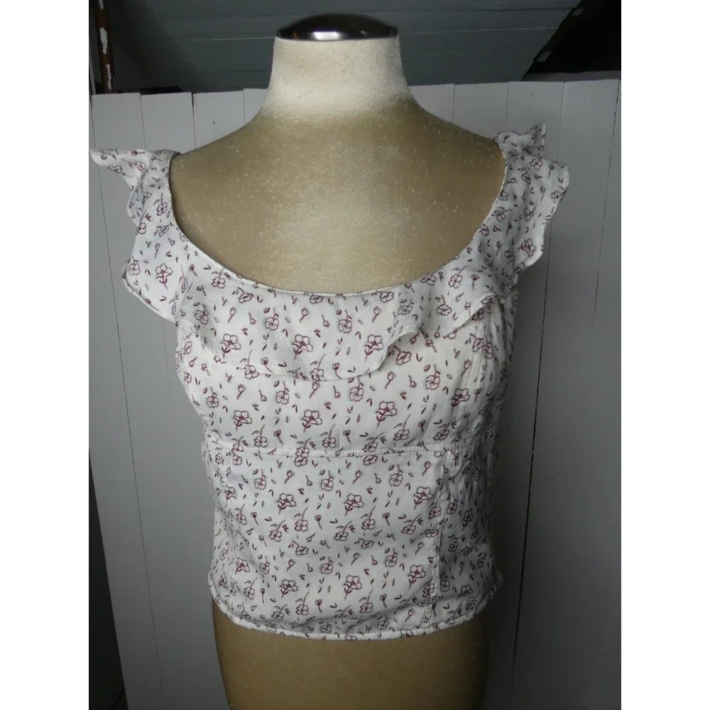 Free People Women's M Stay With You Top Crop White Red Floral Ruffle Smocked